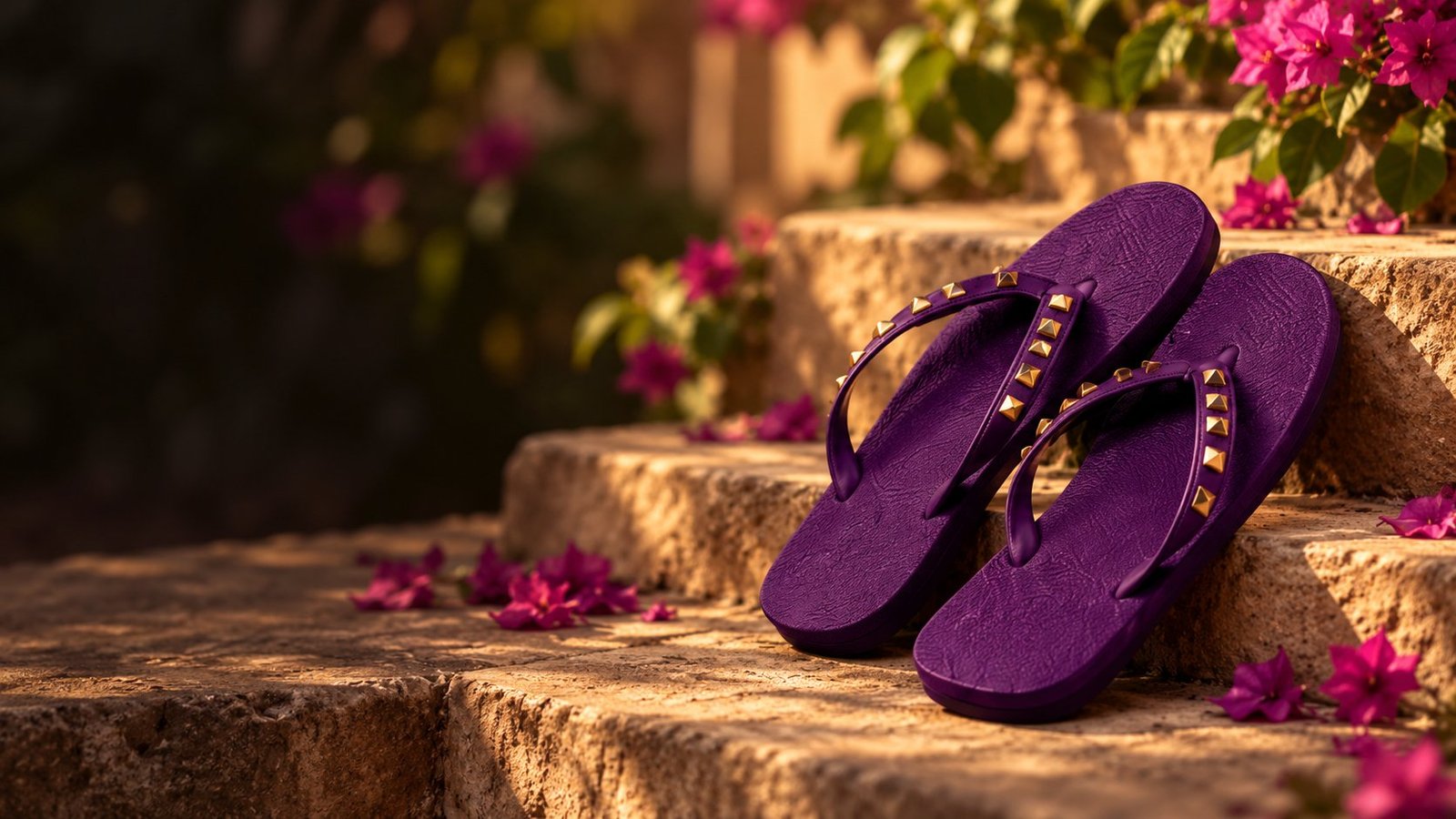 Royal Purple studded chappals on warm sandstone among magenta flowers